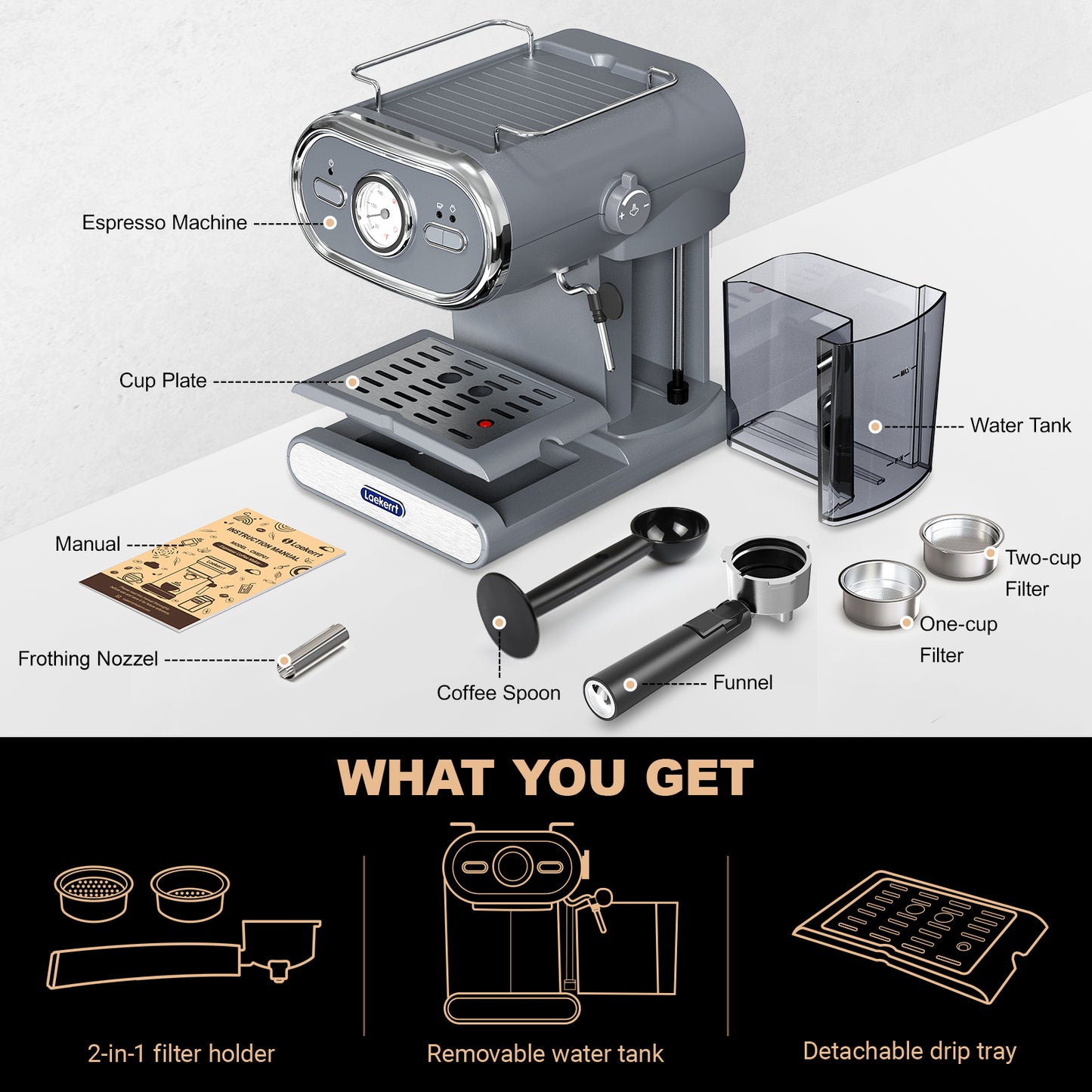 Laekerrt Espresso Machine with Visible Thermometer, 20 Bar Pump Pressure Home Coffee Machine with Milk Frother Steam Wand, 1100W Cappuccino Latte Coffee Maker, with 2 Stainless Steel Filter Cups