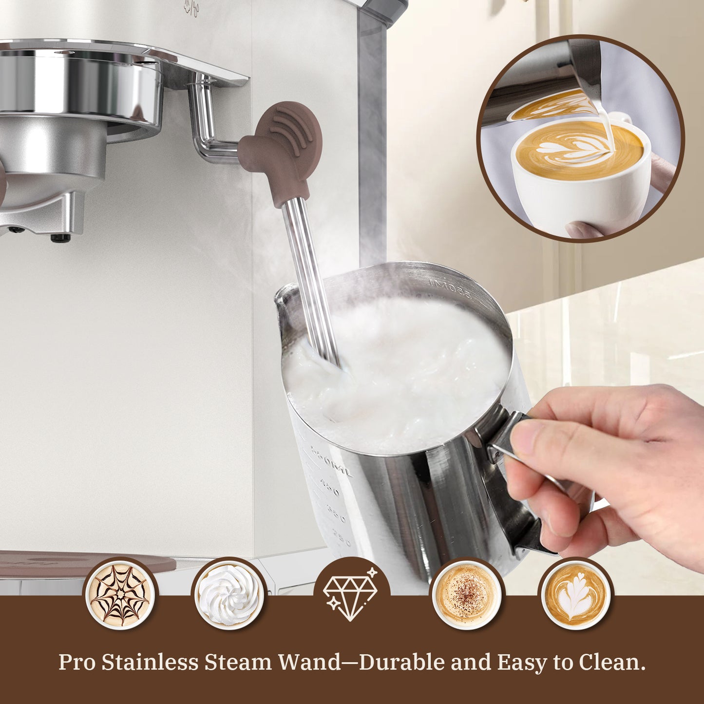 Laekerrt Espresso Machine 20 Bar CMEP01 Espresso Maker with Milk Frother Steam Wand, Professional Espresso Coffee Machine for home Barista (Pear White, Upgrade Professional Steam Pipe)
