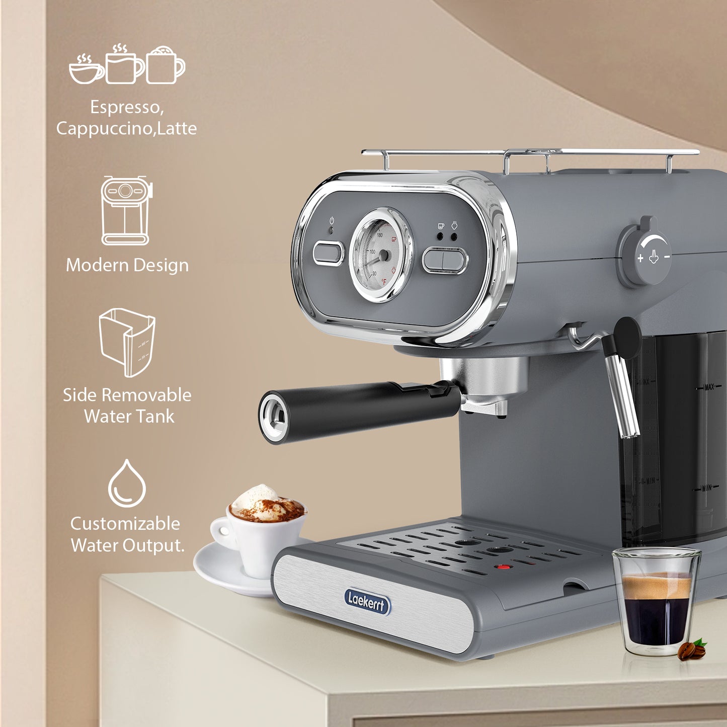 Laekerrt Espresso Machine with Visible Thermometer, 20 Bar Pump Pressure Home Coffee Machine with Milk Frother Steam Wand, 1100W Cappuccino Latte Coffee Maker, with 2 Stainless Steel Filter Cups
