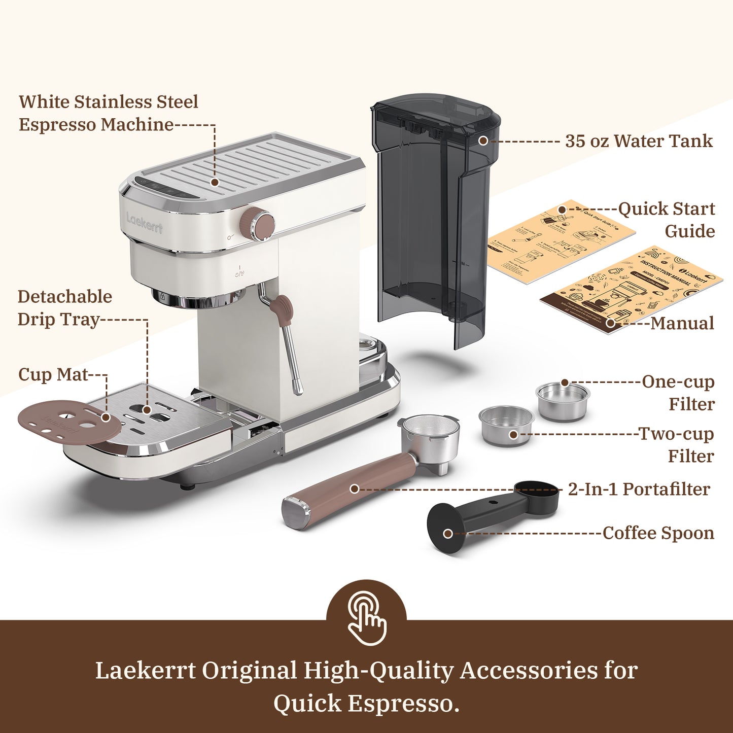 Laekerrt Espresso Machine 20 Bar CMEP01 Espresso Maker with Milk Frother Steam Wand, Professional Espresso Coffee Machine for home Barista (Pear White, Upgrade Professional Steam Pipe)