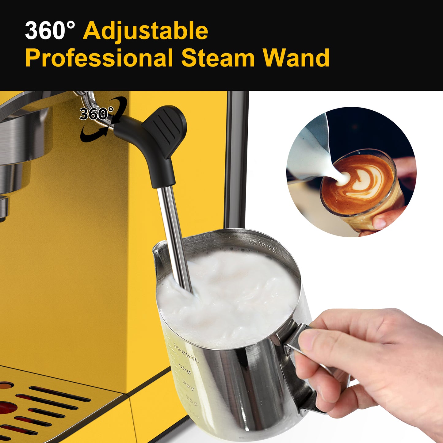 Espresso Machine 20 Bar, Professional Maker with Milk Frother Steam Wand, Compact Coffee 35oz Removable Water Tank for Cappuccino, Latte, Stainless Steel, Yellow