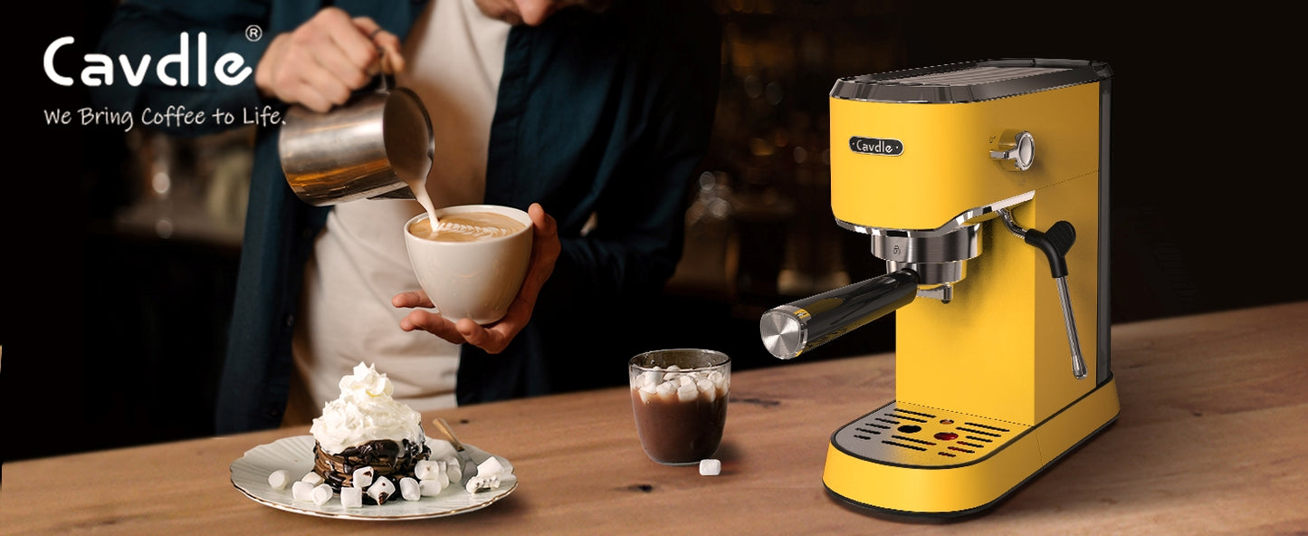 Espresso Machine 20 Bar, Professional Maker with Milk Frother Steam Wand, Compact Coffee 35oz Removable Water Tank for Cappuccino, Latte, Stainless Steel, Yellow