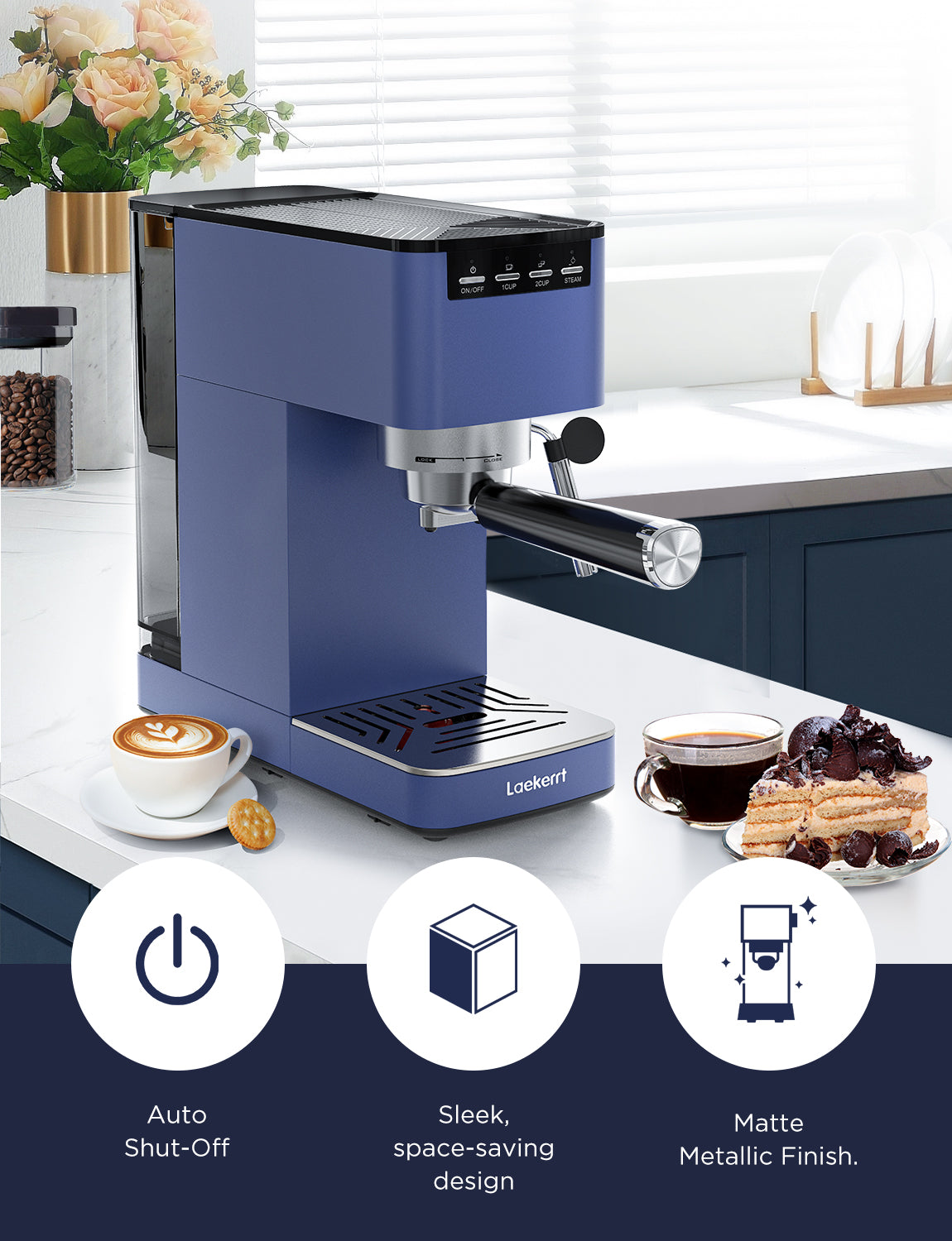 Laekerrt Espresso Machine 20 Bar Espresso Maker with Milk Frother Steam Wand, Compact Espresso Coffee Machine for Cappuccino and Latte (Navy Blue, CMEP04)