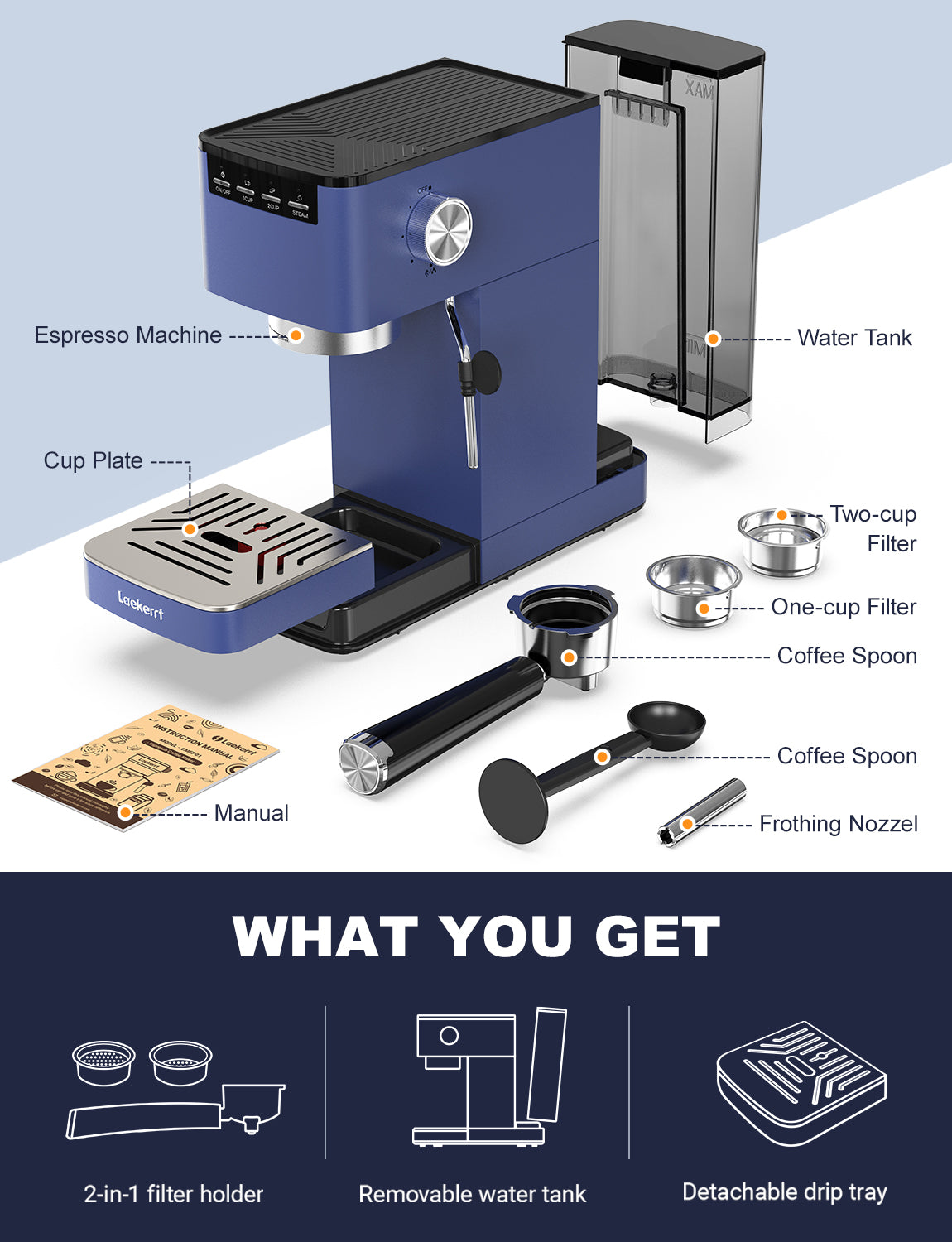 Laekerrt Espresso Machine 20 Bar Espresso Maker with Milk Frother Steam Wand, Compact Espresso Coffee Machine for Cappuccino and Latte (Navy Blue, CMEP04)