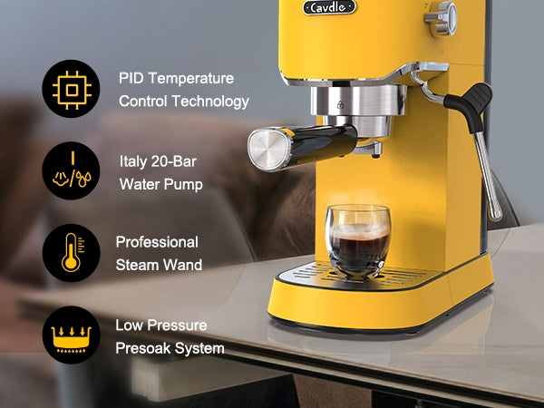 Espresso Machine 20 Bar, Professional Maker with Milk Frother Steam Wand, Compact Coffee 35oz Removable Water Tank for Cappuccino, Latte, Stainless Steel, Yellow
