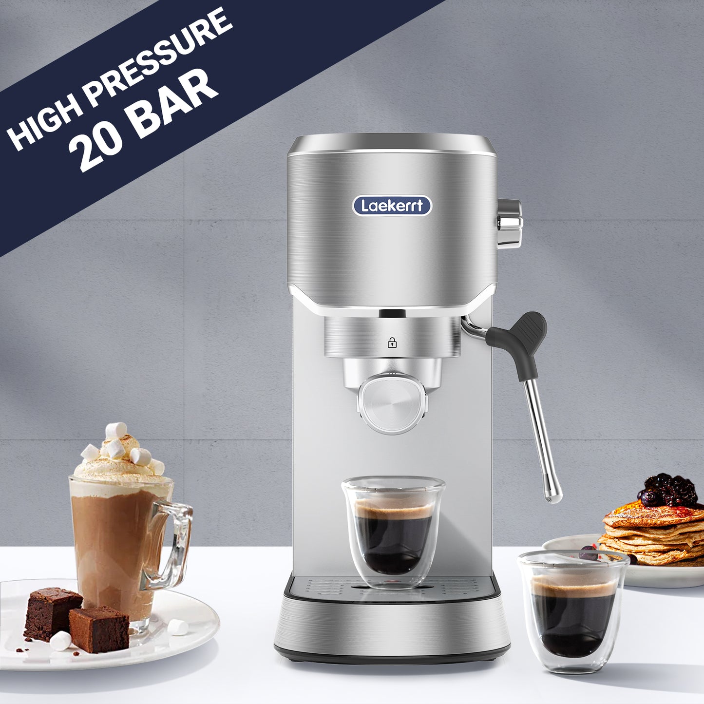 Espresso Machine 20 Bar, Laekerrt for Home Barista, Milk Steam Frother Wand, for Espresso, Cappuccino and Latte, Silver, CMEP02