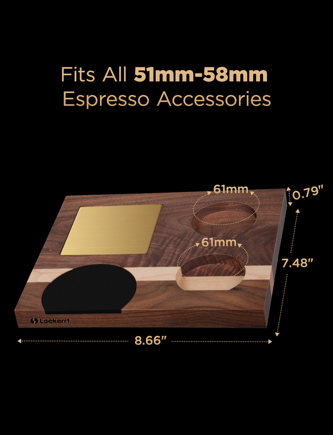 Laekerrt Espresso Tamping Station, Coffee Tamping Base, Natural Walnut Wood Coffee Station, Fits All Espresso 51mm-58mm Accessories, with Non-Slip Silicone Tamping Mat, Storage Tamping Shaking 3 IN 1