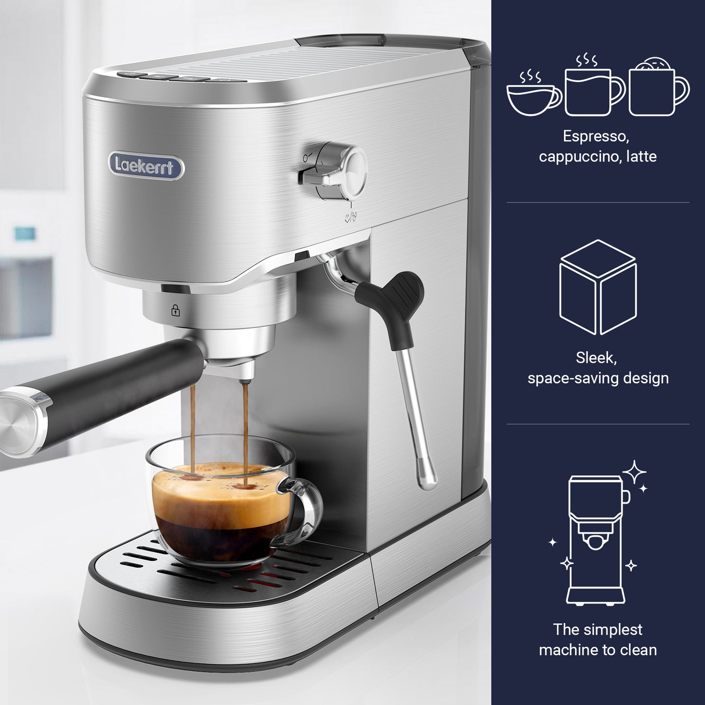 Espresso Machine 20 Bar, Laekerrt for Home Barista, Milk Steam Frother Wand, for Espresso, Cappuccino and Latte, Silver, CMEP02