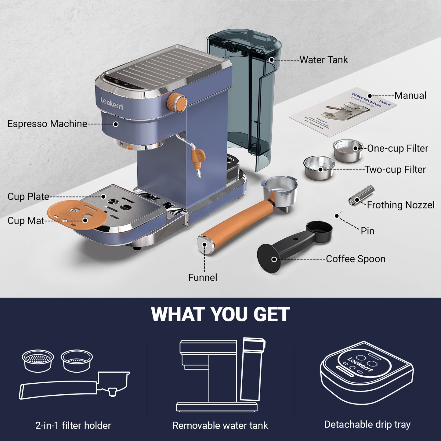 Espresso Machine Laekerrt 20 Bar CMEP01 Espresso Maker with Milk Frother Steam Wand, Professional Espresso Coffee Machine for Cappuccino and Latte (Navy Blue)