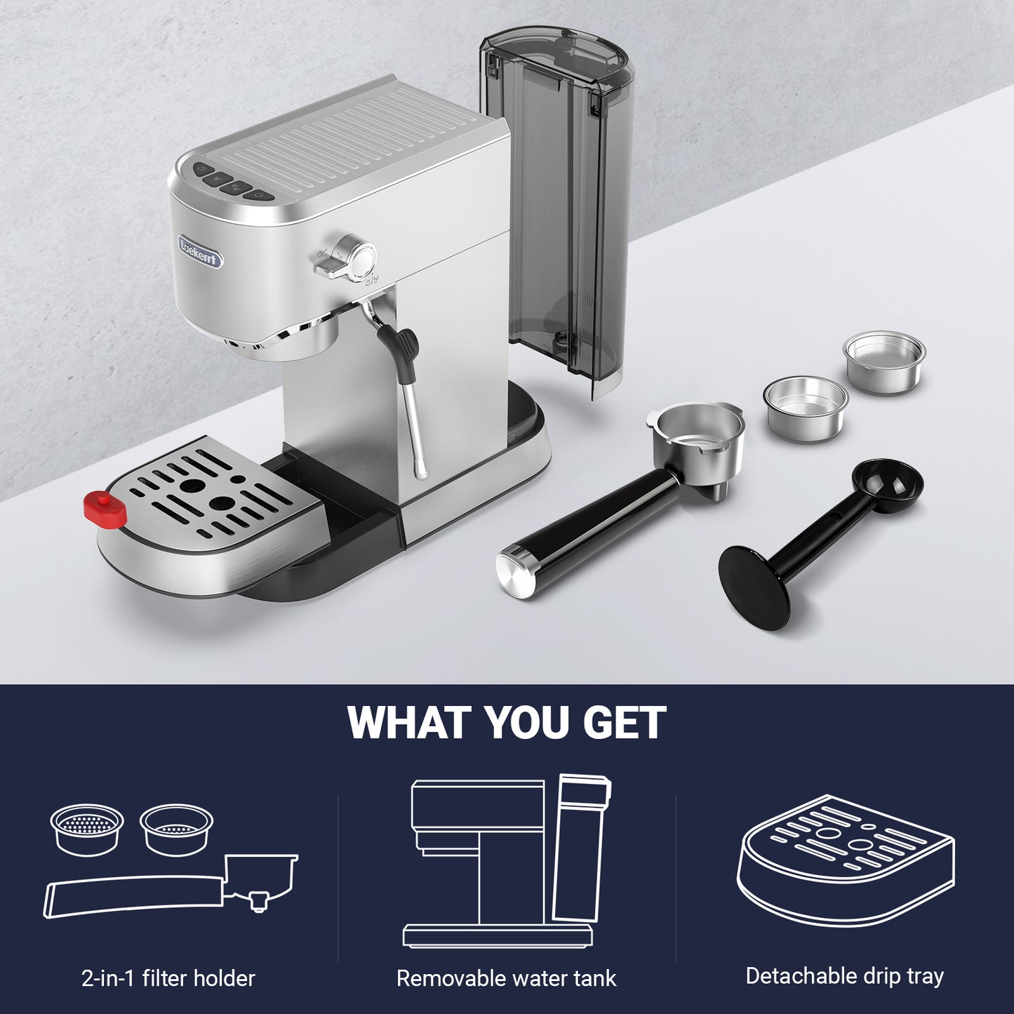Espresso Machine 20 Bar, Laekerrt for Home Barista, Milk Steam Frother Wand, for Espresso, Cappuccino and Latte, Silver, CMEP02