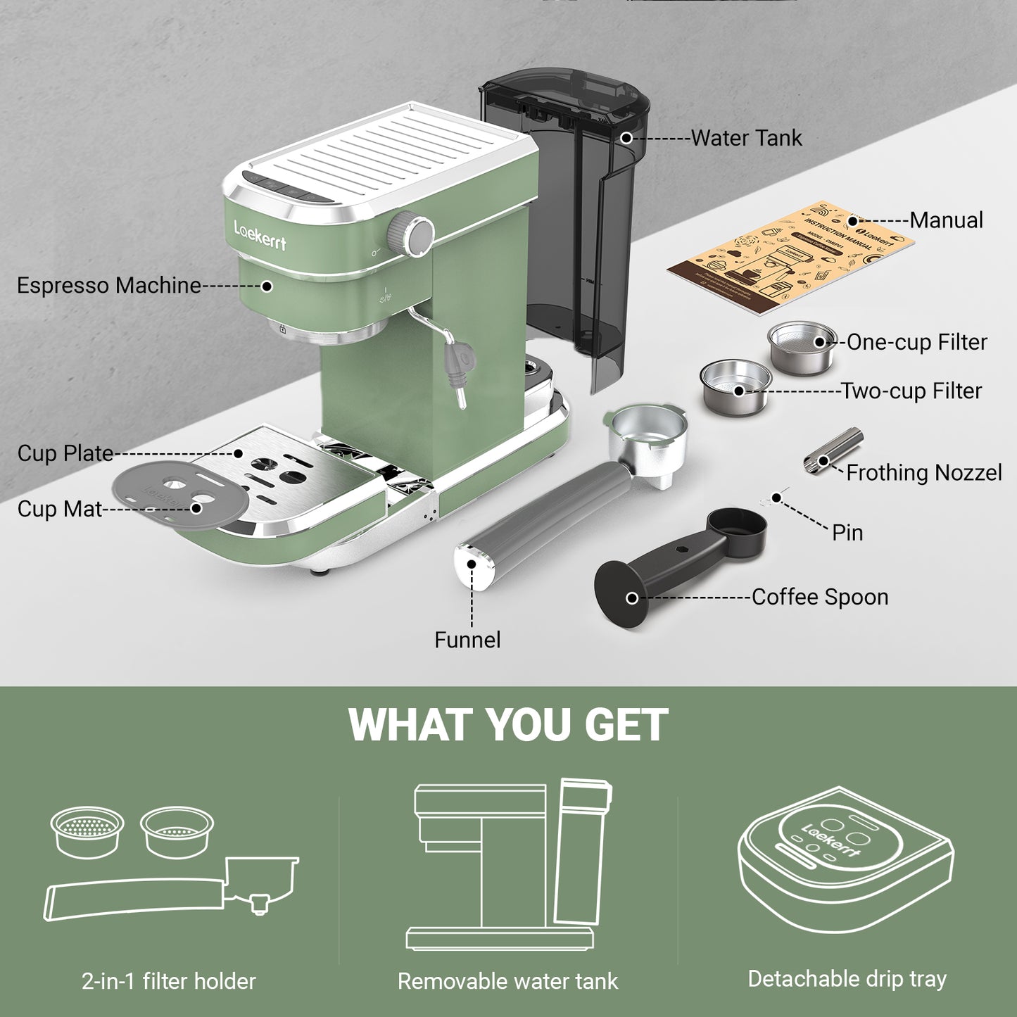 Laekerrt Espresso Machine 20 Bar Espresso Maker CMEP01 with Milk Frother Steam Wand, Retro Home Expresso Coffee Machine for Cappuccino and Latte (Green) Gift for Coffee Lovers, Mom, Friend, Family