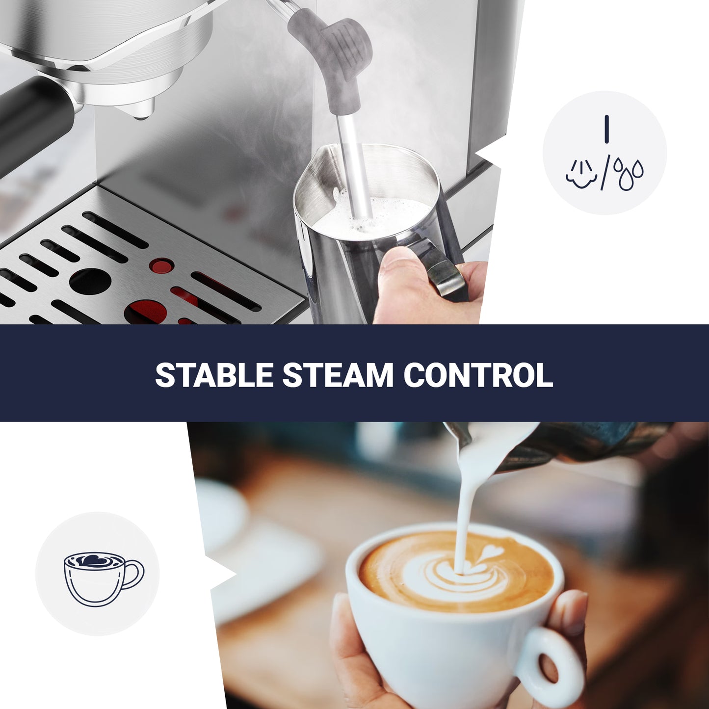 Espresso Machine 20 Bar, Laekerrt for Home Barista, Milk Steam Frother Wand, for Espresso, Cappuccino and Latte, Silver, CMEP02