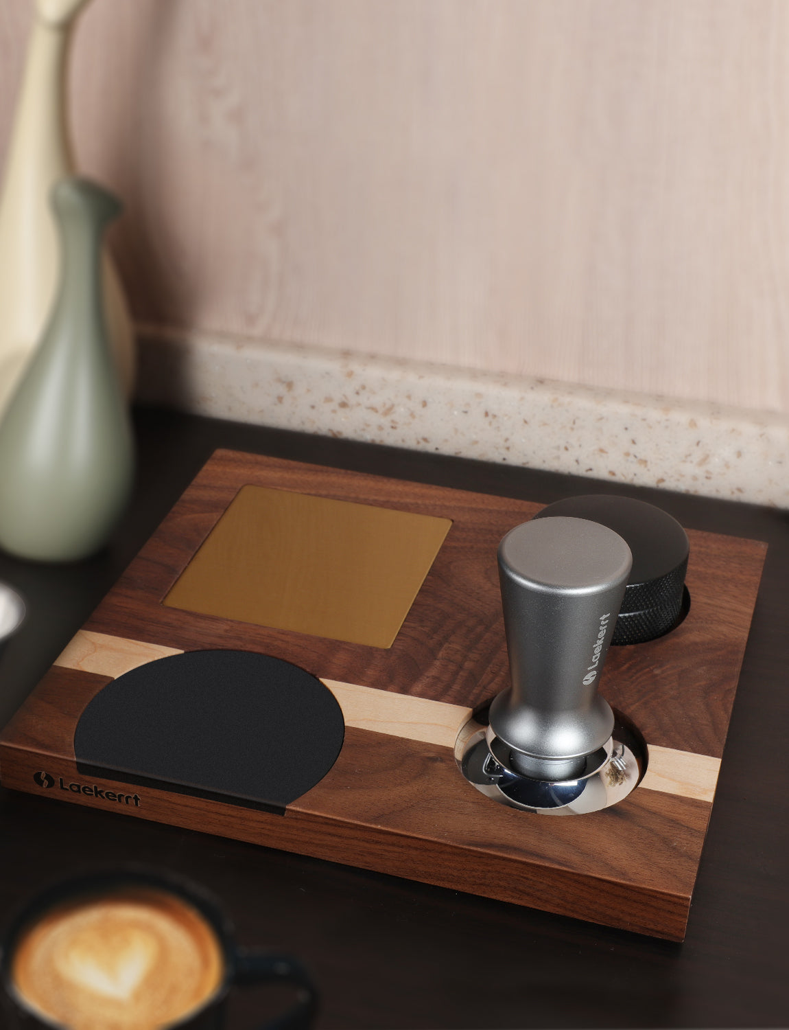 Laekerrt Espresso Tamping Station, Coffee Tamping Base, Natural Walnut Wood Coffee Station, Fits All Espresso 51mm-58mm Accessories, with Non-Slip Silicone Tamping Mat, Storage Tamping Shaking 3 IN 1