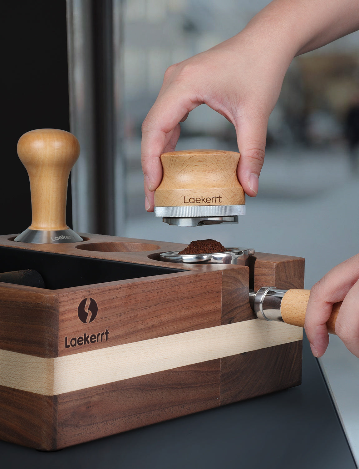Laekerrt Espresso Tamping Station with Removable Metal Knock Box, Tamper and Distributor Tamping Base, Natural Walnut Wood Coffee Station, Fits All Espresso 51mm-58mm Accessories, Non-Slip 4 In 1