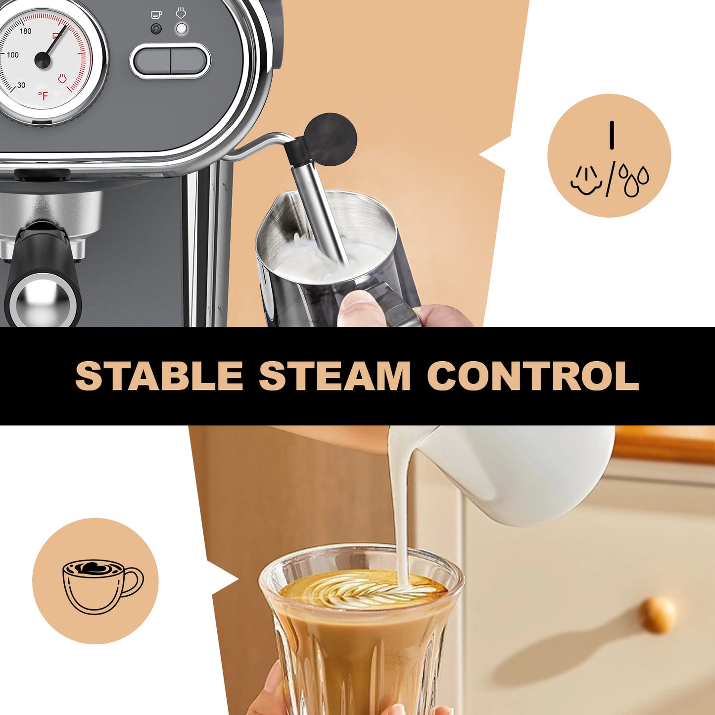 Laekerrt Espresso Machine with Visible Thermometer, 20 Bar Pump Pressure Home Coffee Machine with Milk Frother Steam Wand, 1100W Cappuccino Latte Coffee Maker, with 2 Stainless Steel Filter Cups