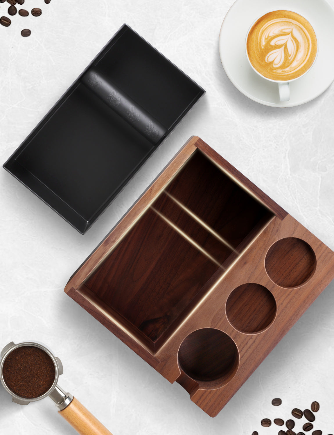 Laekerrt Espresso Tamping Station with Removable Metal Knock Box, Tamper and Distributor Tamping Base, Natural Walnut Wood Coffee Station, Fits All Espresso 51mm-58mm Accessories, Non-Slip 4 In 1