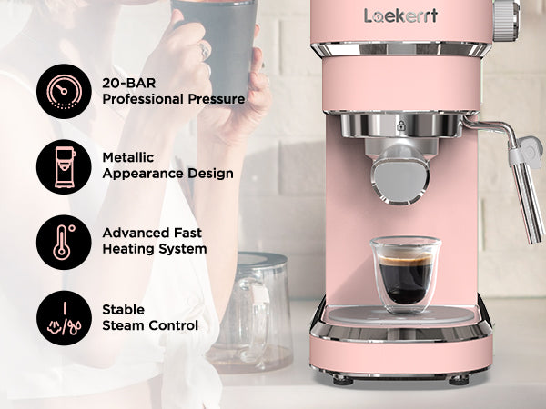 [Valentine's Day Gift] Laekerrt Espresso Machine 20 Bar Espresso Maker CMEP01 with Milk Frother Steam Wand, Professional Expresso Machine for Cappuccino and Latte (Pink) Gift for Coffee Lovers, Girl Friend, Daughter, Mom